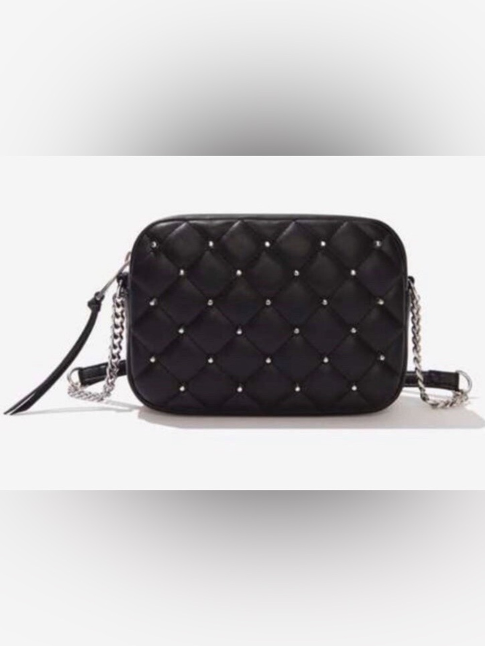 REBECCA MINKOFF Diamond Quilt Studded Top Zip Crossbody Bag Black Vegan